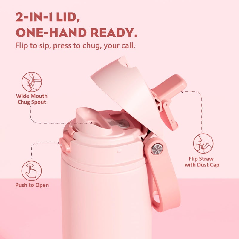 POWCAN 18 oz Insulated Water Bottle: 2-in-1 Push-Button Spout & Quick-Flip Straw, Leakproof, Cold 24Hrs, Fits Car Cup Holder, Stainless Steel Water Bottle for Sports, Travel, School (Cotton Candy) - Image 2
