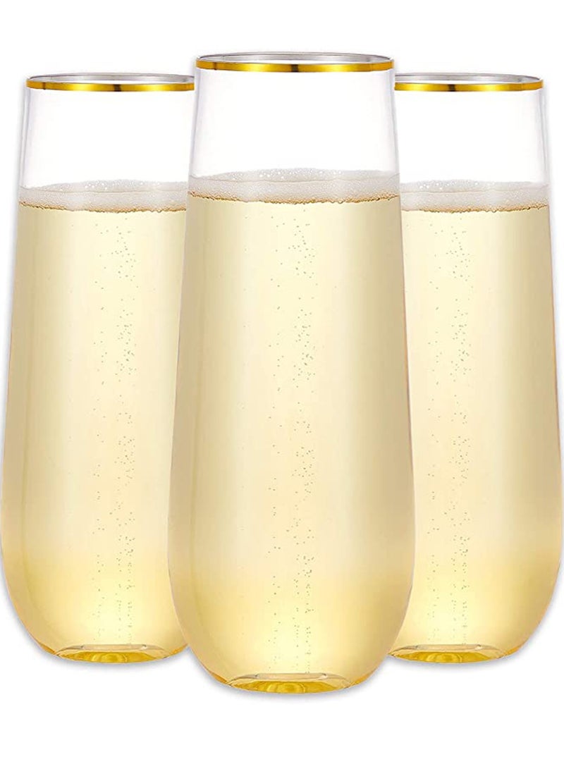 Plastic Champagne Flutes, 270 ml Stemless Disposable Gold Rim Glasses Shatterproof Reusable Perfect For Wedding & Party Birthday Cup 10 Pack - Image 1