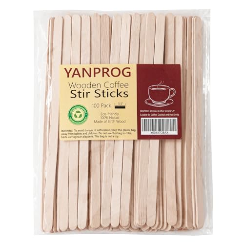 YANPROG Wooden Coffee Stirrers 5.5" Coffee Stir Sticks 100 Pcs, Natural Birch Round End Thick Birch Wood Eco-Friendly， Suitable for Coffee, Cocktail and Hot Drinks - Image 1