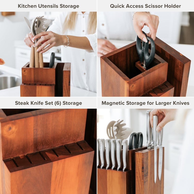 KitchenEdge Acacia Magnetic Knife Block and Cooking Utensil Holder, Sleek Storage for Chefs Knives, Steak Knives, Spatulas, Scissors, Non-Slip Rubber Feet, Easy to Clean, Kitchen Countertop Organizer - Image 3