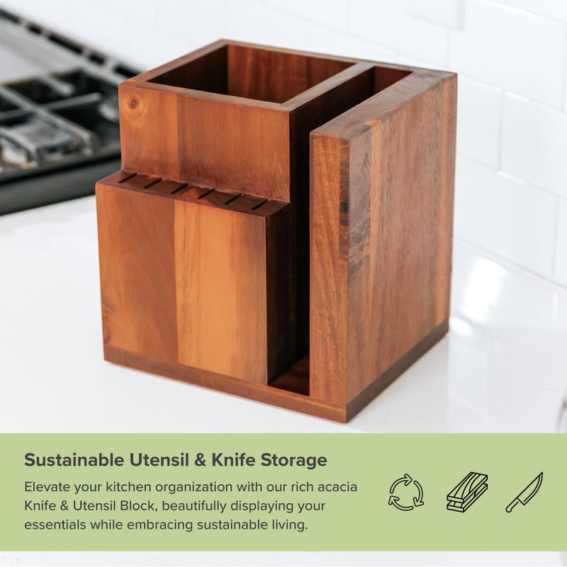KitchenEdge Acacia Magnetic Knife Block and Cooking Utensil Holder, Sleek Storage for Chefs Knives, Steak Knives, Spatulas, Scissors, Non-Slip Rubber Feet, Easy to Clean, Kitchen Countertop Organizer - Image 5