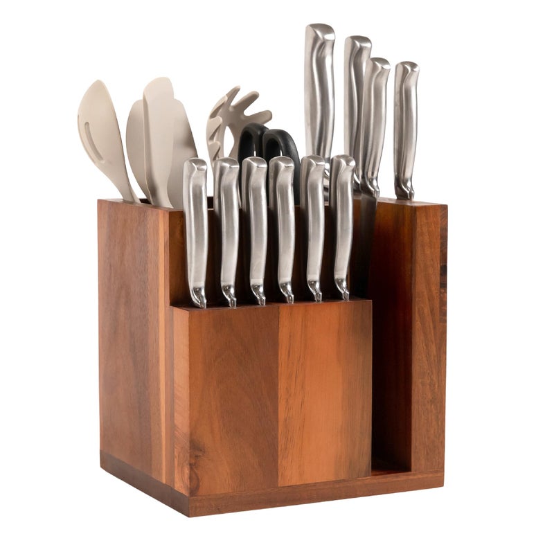 KitchenEdge Acacia Magnetic Knife Block and Cooking Utensil Holder, Sleek Storage for Chefs Knives, Steak Knives, Spatulas, Scissors, Non-Slip Rubber Feet, Easy to Clean, Kitchen Countertop Organizer - Image 1