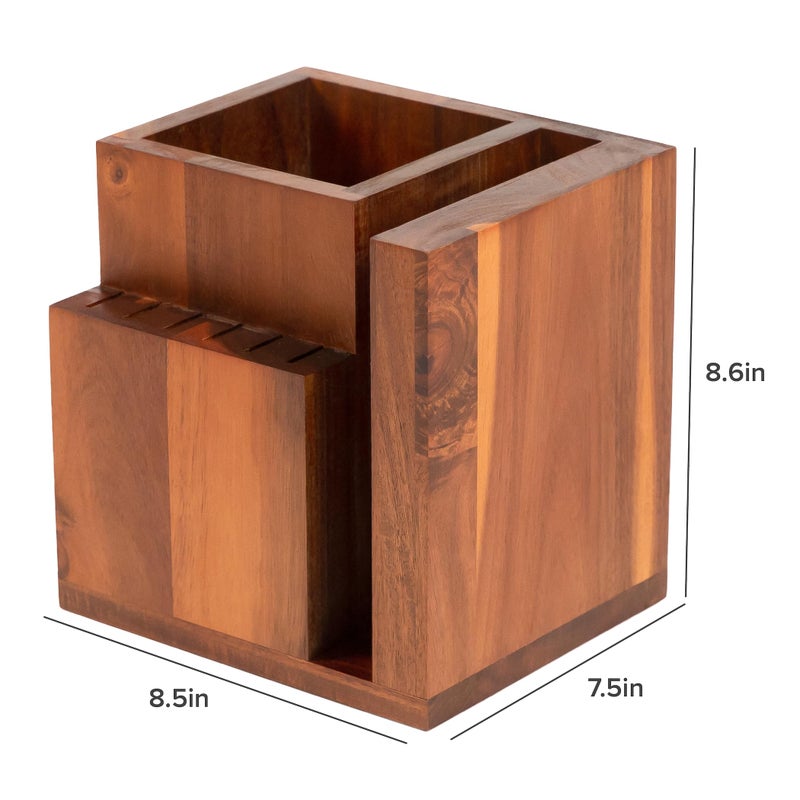 KitchenEdge Acacia Magnetic Knife Block and Cooking Utensil Holder, Sleek Storage for Chefs Knives, Steak Knives, Spatulas, Scissors, Non-Slip Rubber Feet, Easy to Clean, Kitchen Countertop Organizer - Image 4