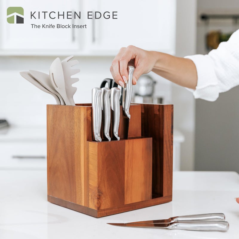 KitchenEdge Acacia Magnetic Knife Block and Cooking Utensil Holder, Sleek Storage for Chefs Knives, Steak Knives, Spatulas, Scissors, Non-Slip Rubber Feet, Easy to Clean, Kitchen Countertop Organizer - Image 2