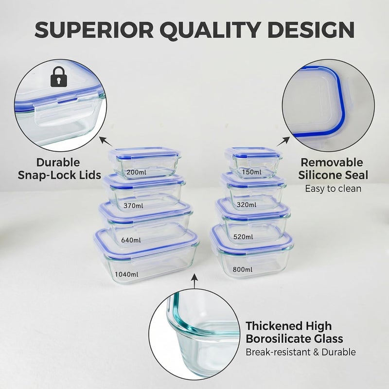 Magic Park 8 Pack Glass Food Storage Containers with Airtight Lids Meal Prep Containers Portion Airtight Glass حافظة طعام Bento Boxes for Lunch, for Microwave, Freezer and Dishwasher (8, Blue) - Image 2