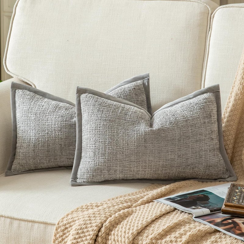 Yaertun Pack of 2 Chenille Textured Decorative Throw Pillow Covers Accent Solid Cushion Cover Soft Cozy Pillow Case with Velvet Back for Couch Sofa Bed Living Room 12x20 Inch Light Grey - Image 1