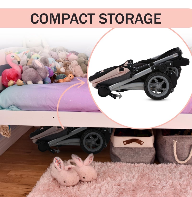 Dolls To Play Baby Doll Convertible Pram Stroller for Kids, Adjustable Handle Foldable Buggy Carriage with Canopy and Storage Basket Heavy Duty Premium Quality Rotating Wheels - 25 Inch - Image 5