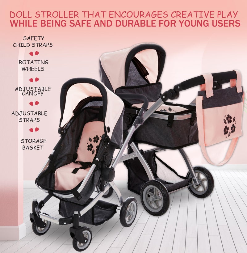 Dolls To Play Baby Doll Convertible Pram Stroller for Kids, Adjustable Handle Foldable Buggy Carriage with Canopy and Storage Basket Heavy Duty Premium Quality Rotating Wheels - 25 Inch - Image 2