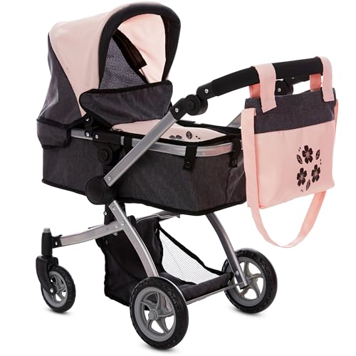 Dolls To Play Baby Doll Convertible Pram Stroller for Kids, Adjustable Handle Foldable Buggy Carriage with Canopy and Storage Basket Heavy Duty Premium Quality Rotating Wheels - 25 Inch - Image 1