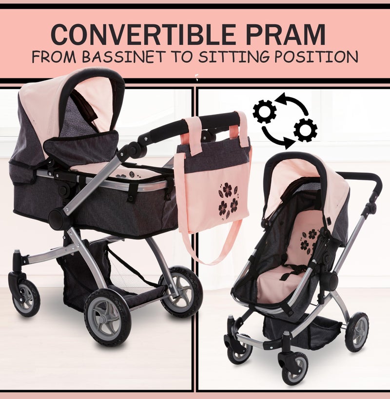 Dolls To Play Baby Doll Convertible Pram Stroller for Kids, Adjustable Handle Foldable Buggy Carriage with Canopy and Storage Basket Heavy Duty Premium Quality Rotating Wheels - 25 Inch - Image 3
