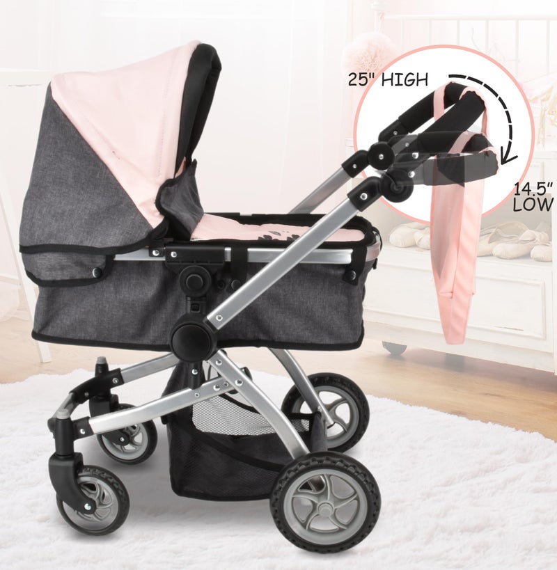 Dolls To Play Baby Doll Convertible Pram Stroller for Kids, Adjustable Handle Foldable Buggy Carriage with Canopy and Storage Basket Heavy Duty Premium Quality Rotating Wheels - 25 Inch - Image 4