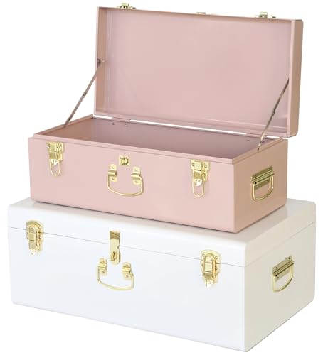 Vixdonos Vixdonos Metal Trunk Decorative Storage Box Set of 2 College Dorm Chest with Handle Pink and White 