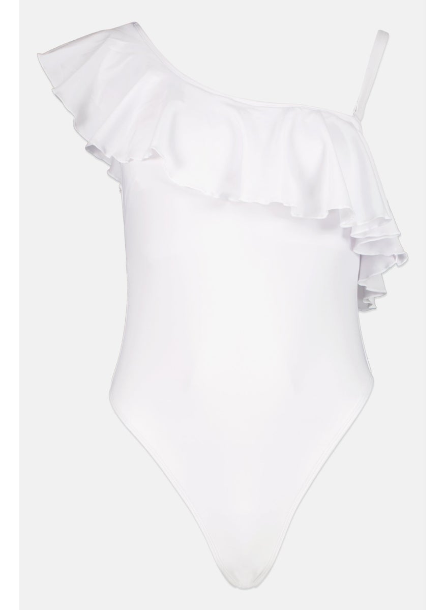 Peek & Beau Women Ruffled Embellish One Piece Swimsuit, White  - Image 1