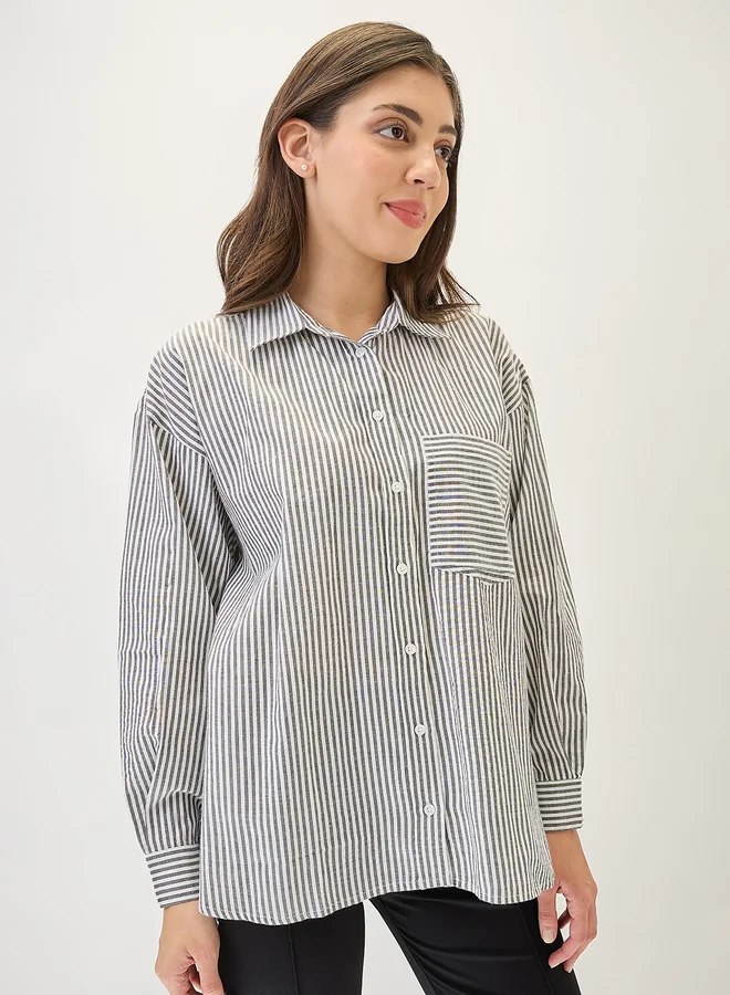 globus Globus Black Striped High-Low Hem Workwear Shirt
