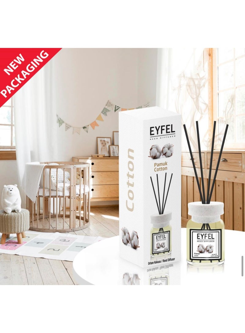 EYFEL Reed Diffuser 120ml – [COTTON] Scented Home Fragrance with Reed Sticks, Decorative Aroma Diffuser for Bedroom, Living Room, Office & Bathroom
