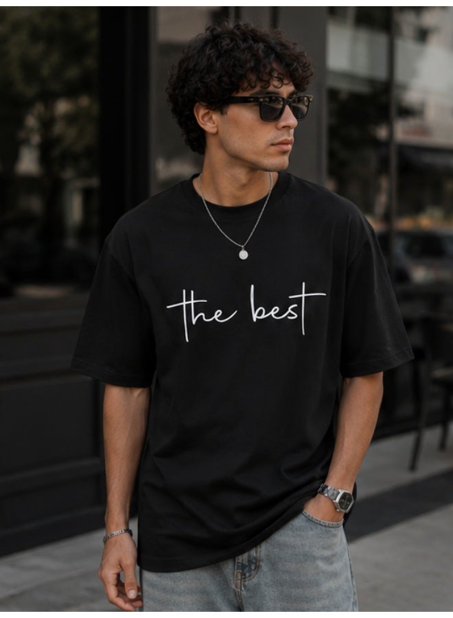 Men's Premium Black Cotton T-Shirt - White "the best" Printed Graphic Crew Neck Tee (OVERSIZE) - Image 1
