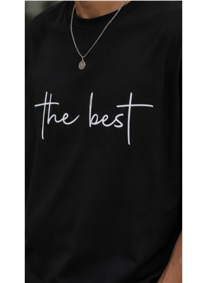 Men's Premium Black Cotton T-Shirt - White "the best" Printed Graphic Crew Neck Tee (OVERSIZE) - Image 2