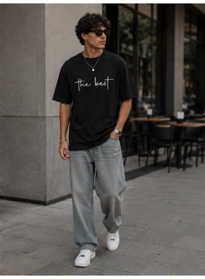 Men's Premium Black Cotton T-Shirt - White "the best" Printed Graphic Crew Neck Tee (OVERSIZE) - Image 3