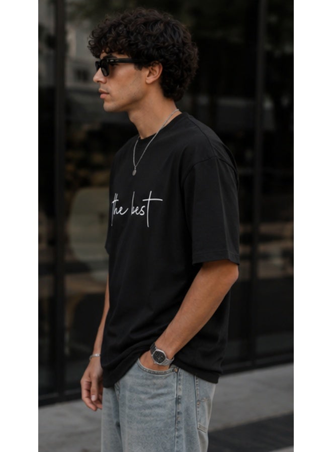Men's Premium Black Cotton T-Shirt - White "the best" Printed Graphic Crew Neck Tee (OVERSIZE) - Image 4