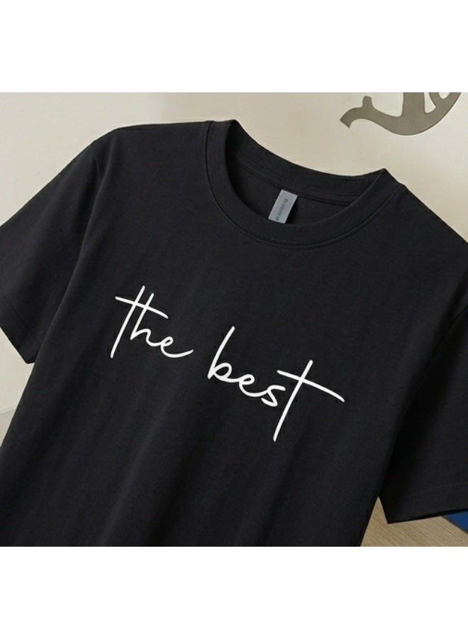 Men's Premium Black Cotton T-Shirt - White "the best" Printed Graphic Crew Neck Tee (OVERSIZE) - Image 5