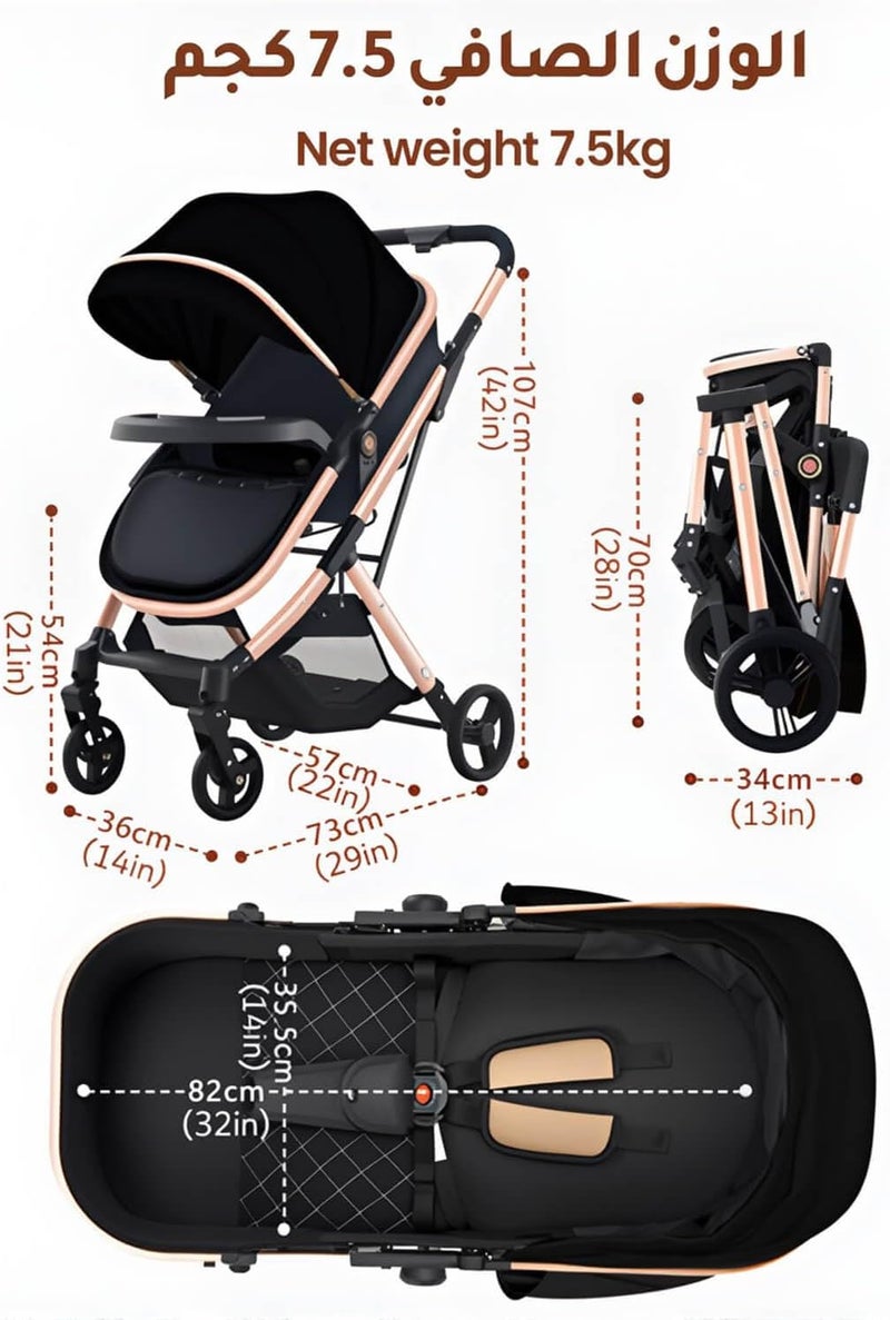 EDUTREE 3-in-1 Convertible Baby Stroller – Bassinet & Seat Modes, High Landscape, Adjustable Canopy, One-Hand Fold, Spacious & Comfortable Luxury Stroller (Black) - Image 2