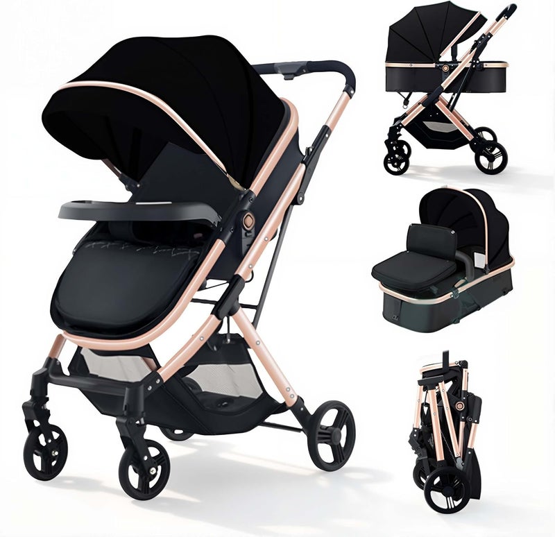 EDUTREE 3-in-1 Convertible Baby Stroller – Bassinet & Seat Modes, High Landscape, Adjustable Canopy, One-Hand Fold, Spacious & Comfortable Luxury Stroller (Black) - Image 1