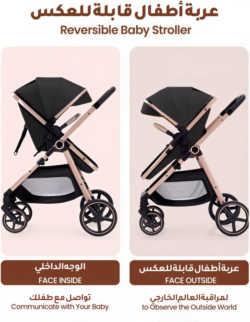 EDUTREE 3-in-1 Convertible Baby Stroller – Bassinet & Seat Modes, High Landscape, Adjustable Canopy, One-Hand Fold, Spacious & Comfortable Luxury Stroller (Black) - Image 3