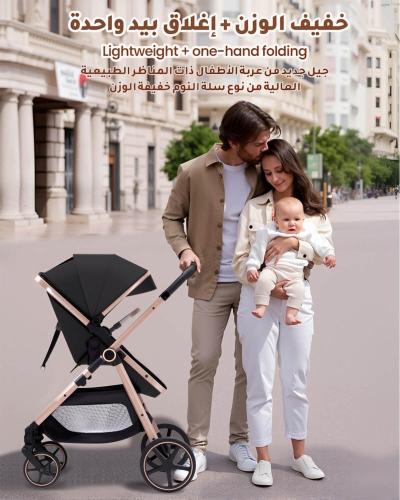 EDUTREE 3-in-1 Convertible Baby Stroller – Bassinet & Seat Modes, High Landscape, Adjustable Canopy, One-Hand Fold, Spacious & Comfortable Luxury Stroller (Black) - Image 5