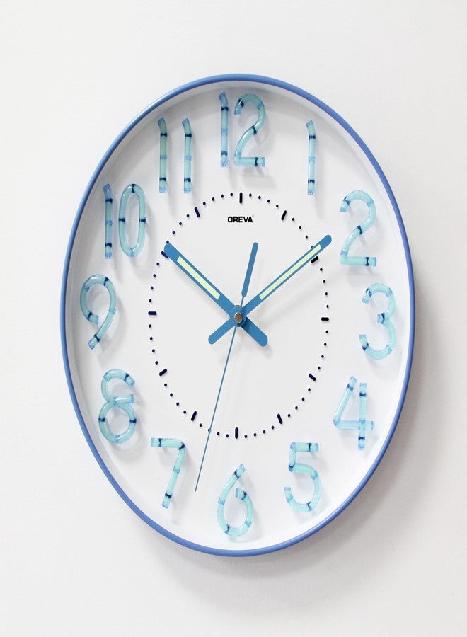OREVA 12.5 Inch Round Fancy Colorful Embossed Number Dial Clocks Contemporary Stylish Modern Analog Silent Wall Clock for Living Room Home Décor Bedroom Office AQ-9407SS (Blue) - Image 1