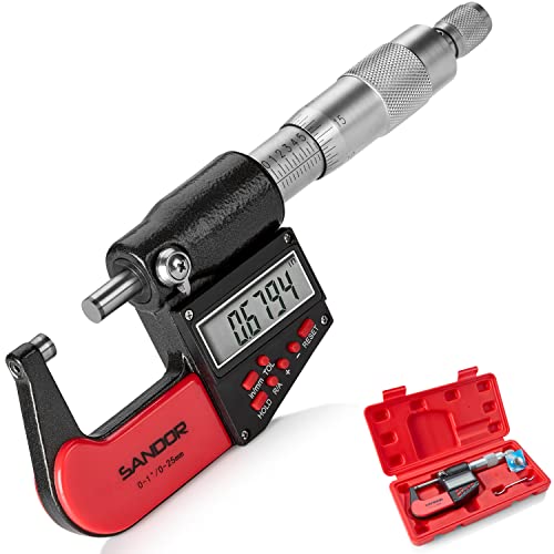 SANDOR Professional Digital Outside Micrometer with Carbide Tip 0-1"/0-25mm Measuring Range - 0.00005" / 0.001mm Accuracy with Ratchet Stop and Protective Case - Precision Machinist Workshop Automotive Tool - Image 1
