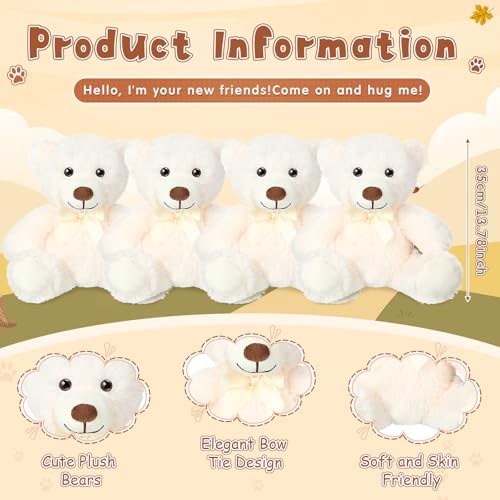 Civaner 4 Pack 14 Inches Teddy Bears Plush Stuffed Animals Cute Soft Bears Gifts Bulk for Women BFF GirlfriendWhite - Image 3