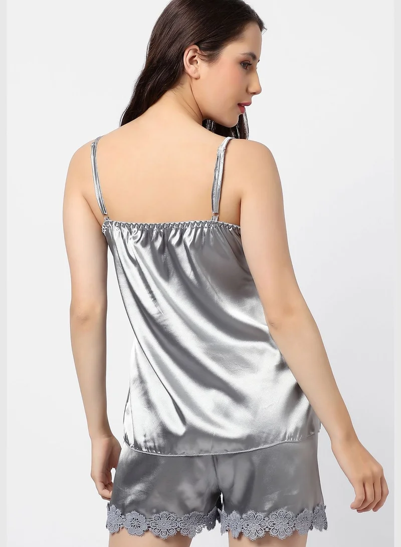 Haute Sauce Solid Top and Short Satin Night Wear Set For Women