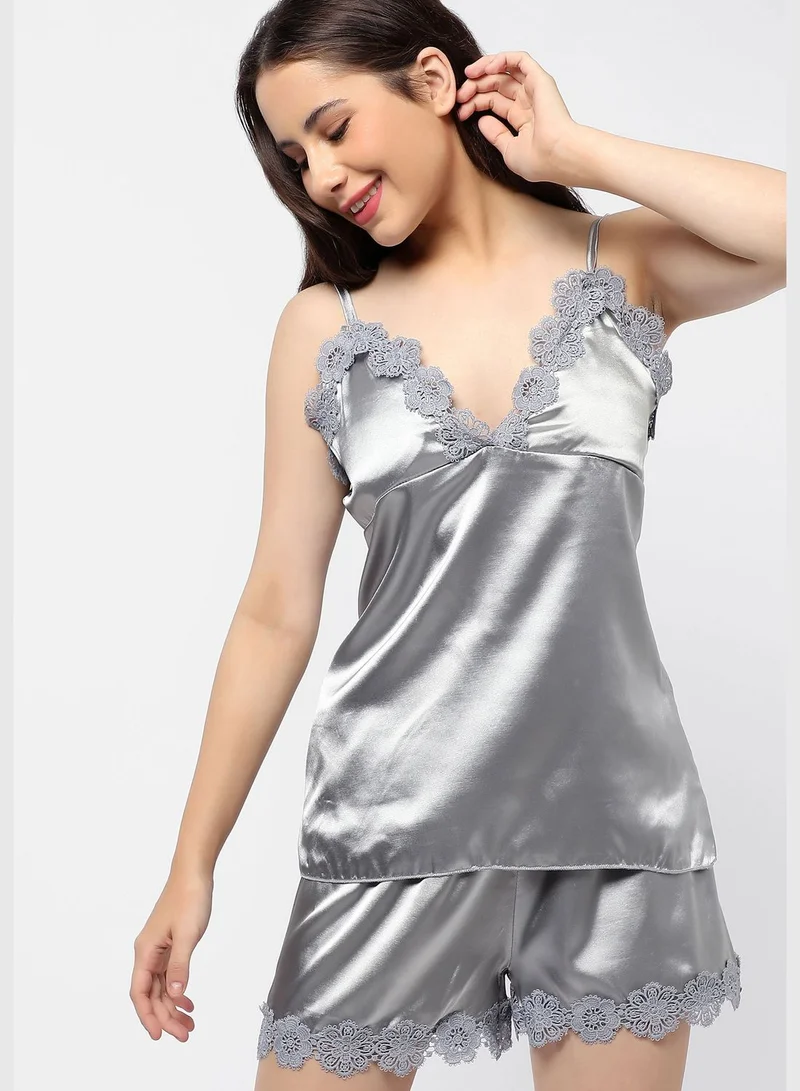 Haute Sauce Solid Top and Short Satin Night Wear Set For Women