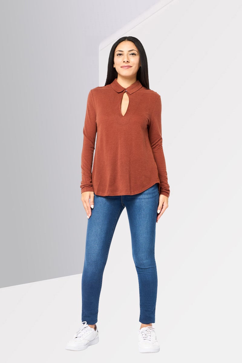 LACOSTE Women Spread Collar Solid Long Sleeve Polo Shirt, Brown - Image 2