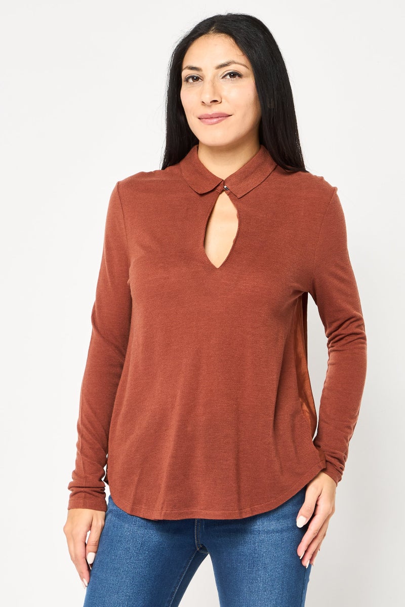 LACOSTE Women Spread Collar Solid Long Sleeve Polo Shirt, Brown - Image 1