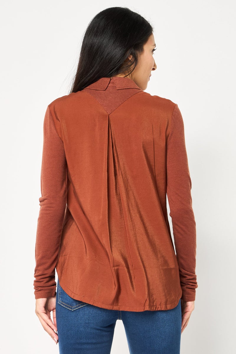 LACOSTE Women Spread Collar Solid Long Sleeve Polo Shirt, Brown - Image 4