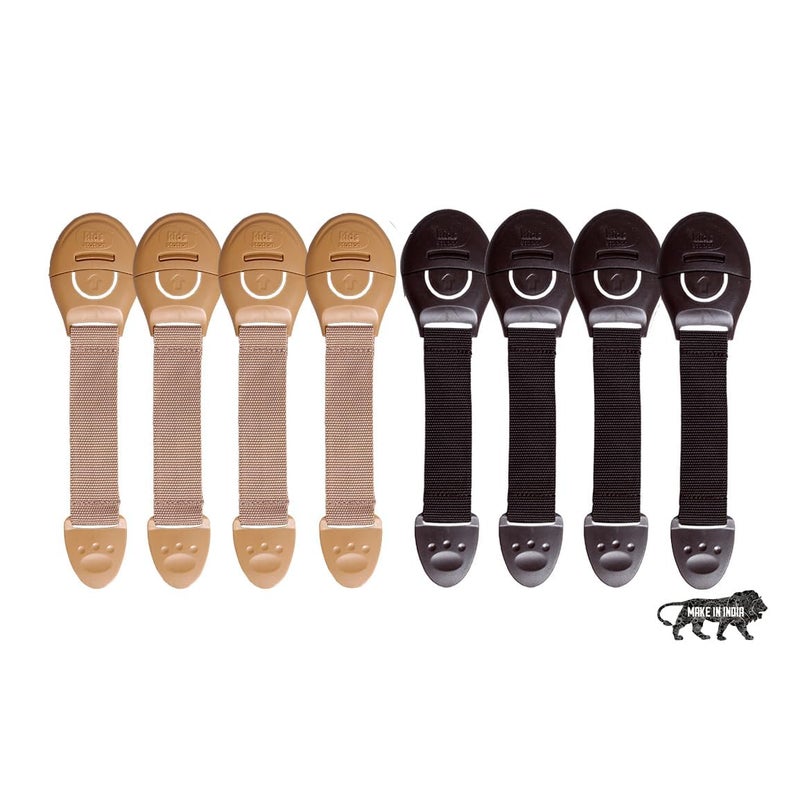 Chipmunks Furniture Safety Locks for Kids, Made in India Child Safety, Locks for Drawers, Cabinets, Fridge, Cupboard Lock, Strong and Adhesive Safety Locks (4 Brown + 4 Beige) - Image 1