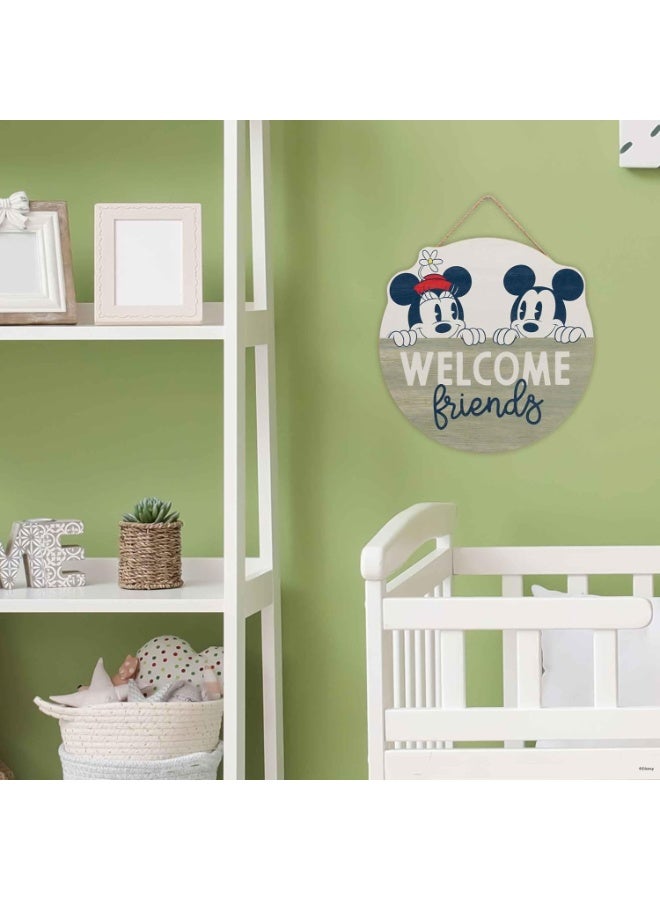 Open Road Brands Mickey Mouse and Minnie Welcome Friends Round Hanging Wood Wall Decor - Cute Mickey Mouse Sign for Home Decorating Blue/Tan - Image 1