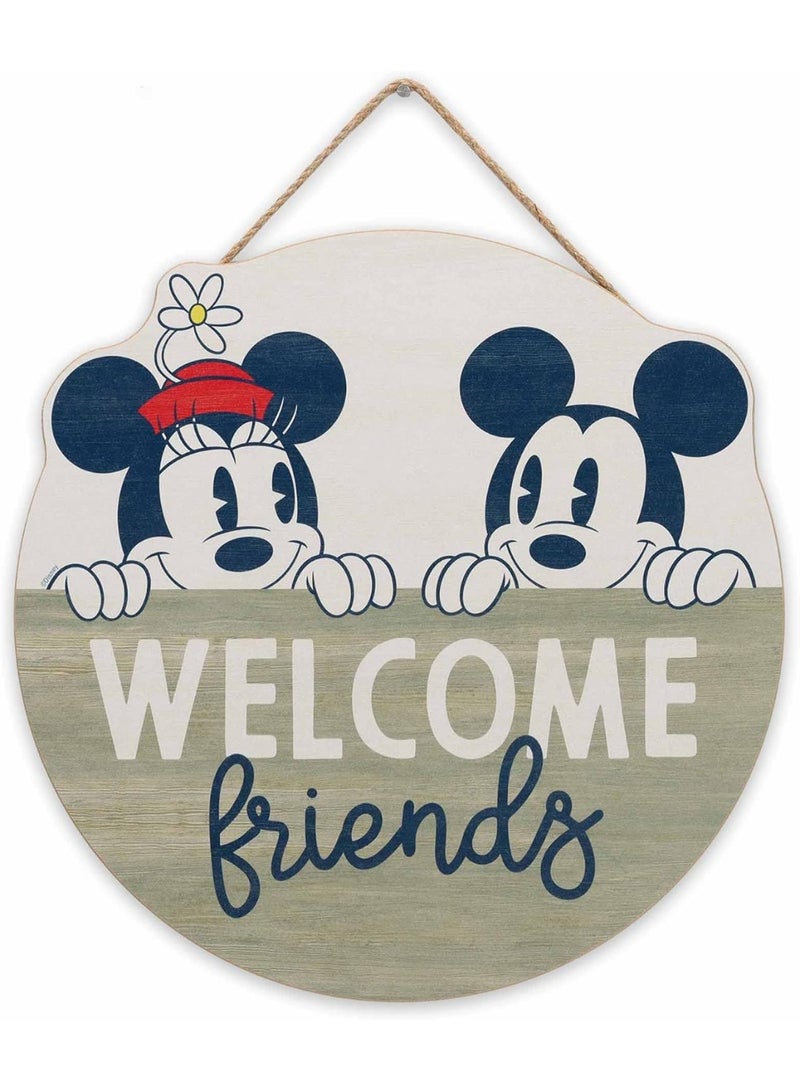 Open Road Brands Mickey Mouse and Minnie Welcome Friends Round Hanging Wood Wall Decor - Cute Mickey Mouse Sign for Home Decorating Blue/Tan - Image 3