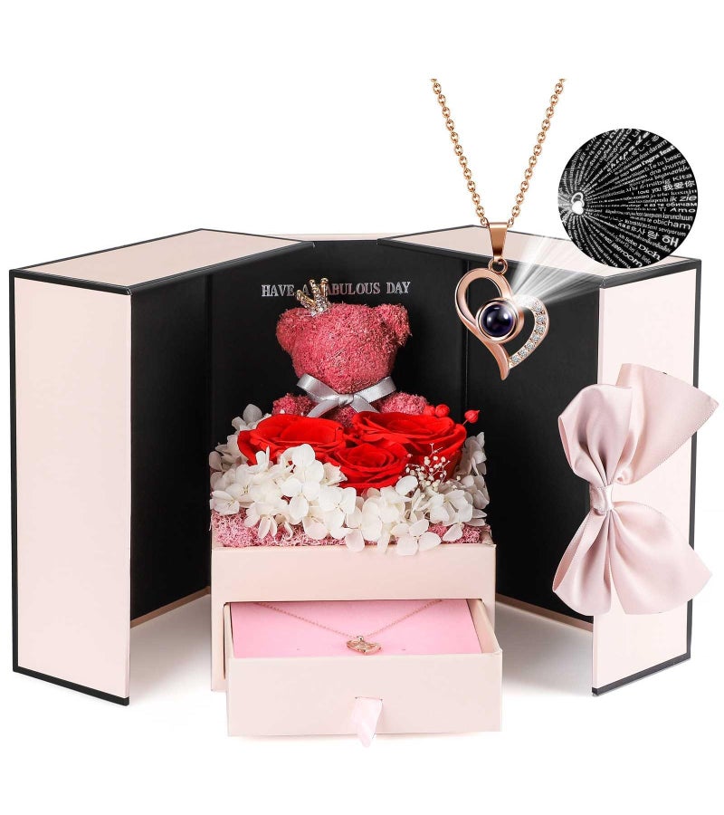 ADDWel ADDWel Rose Gifts for Women  Preserved Real Roses Forever Red Flowers with I Love You in 100 Languages Necklace and Cute Moss Bear for Girlfriend Wife Mom Grandma on Birthdays Anniversaries 