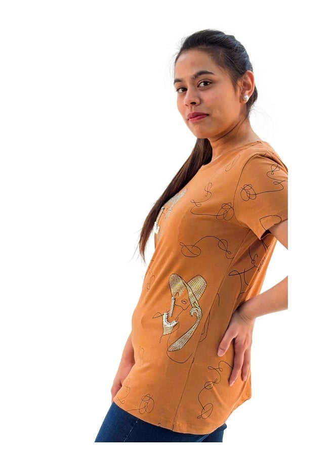 JOANNA W203002 Women's Art Design Round Neck Short Sleeve T-Shirt - Caramel/Orange - Image 2