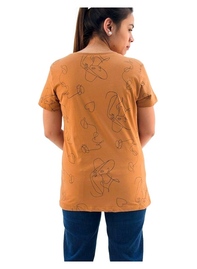 JOANNA W203002 Women's Art Design Round Neck Short Sleeve T-Shirt - Caramel/Orange - Image 3