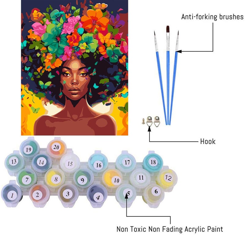 Clendo DIY African Woman Paint by Numbers for Adults Canvas, Flowers and Girl Paint by Number Kits on Canvas - Frameless Oil Painting Kits Arts and Crafts for Home Decor Present 16x20 inch - Image 2