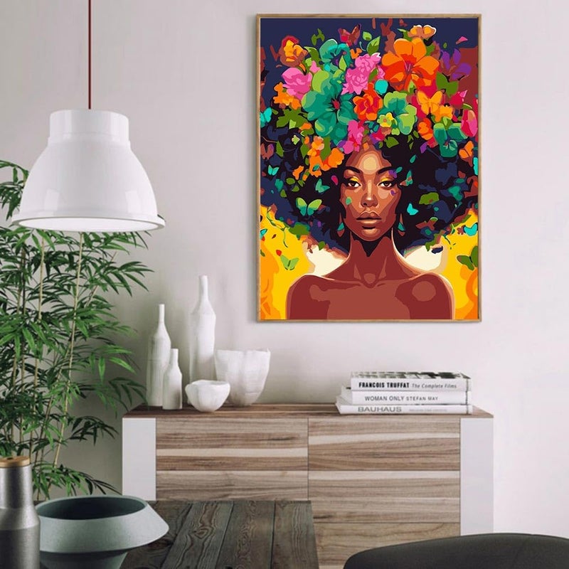 Clendo DIY African Woman Paint by Numbers for Adults Canvas, Flowers and Girl Paint by Number Kits on Canvas - Frameless Oil Painting Kits Arts and Crafts for Home Decor Present 16x20 inch - Image 3