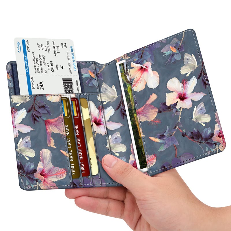 Fintie Fintie Passport Holder, Slim Travel Wallet RFID Blocking Card Case Cover Passport Cover Protector Essentials with Credit Card Slots for Women/Men, Blooming Hibiscus  - Image 3