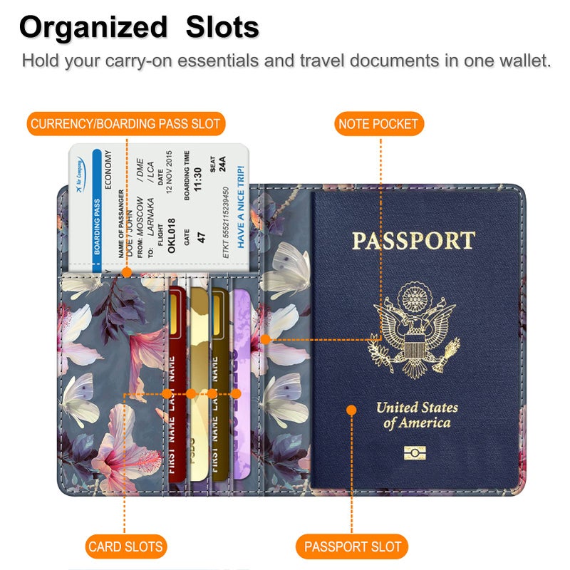 Fintie Fintie Passport Holder, Slim Travel Wallet RFID Blocking Card Case Cover Passport Cover Protector Essentials with Credit Card Slots for Women/Men, Blooming Hibiscus  - Image 2