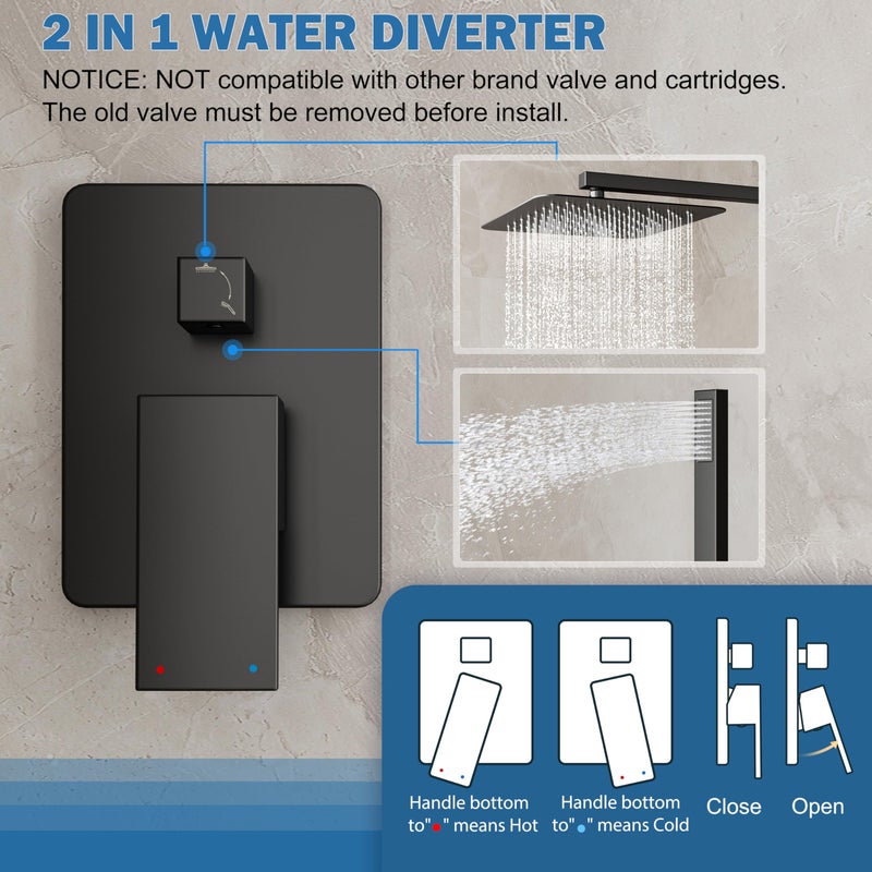 HoliSpa Black Shower System, Shower Faucet Set with 10-Inch Rain Showerhead and Handheld Spray, Wall Mounted High-Pressure Showerhead Combo Set Included Valve and Trim, Matte Black - Image 5