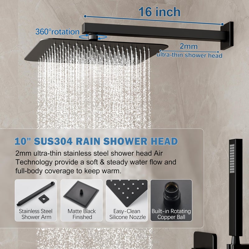 HoliSpa Black Shower System, Shower Faucet Set with 10-Inch Rain Showerhead and Handheld Spray, Wall Mounted High-Pressure Showerhead Combo Set Included Valve and Trim, Matte Black - Image 3