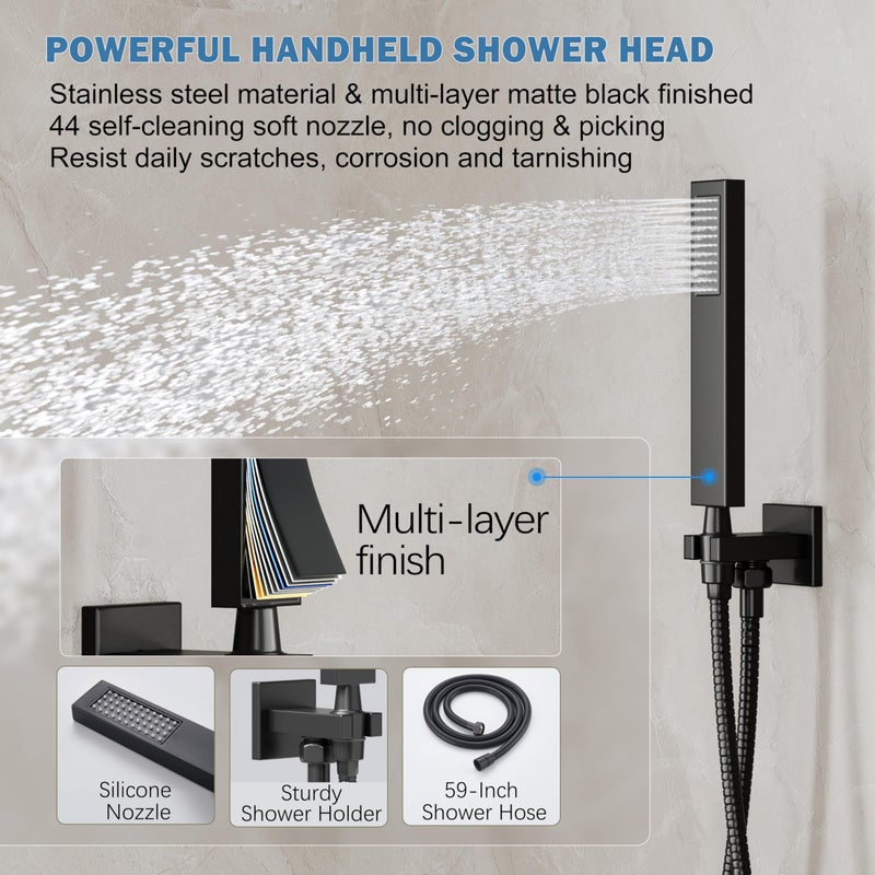 HoliSpa Black Shower System, Shower Faucet Set with 10-Inch Rain Showerhead and Handheld Spray, Wall Mounted High-Pressure Showerhead Combo Set Included Valve and Trim, Matte Black - Image 4