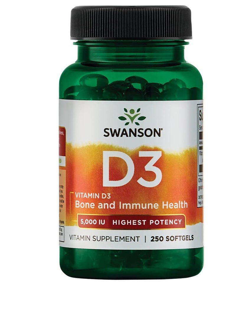 سوانسون فيتامين د-3 5000 وحدة دولية، صحة العظام، دعم المناعة، صحي 125 ميكروجرام، عدد 250 كبسولة هلامية